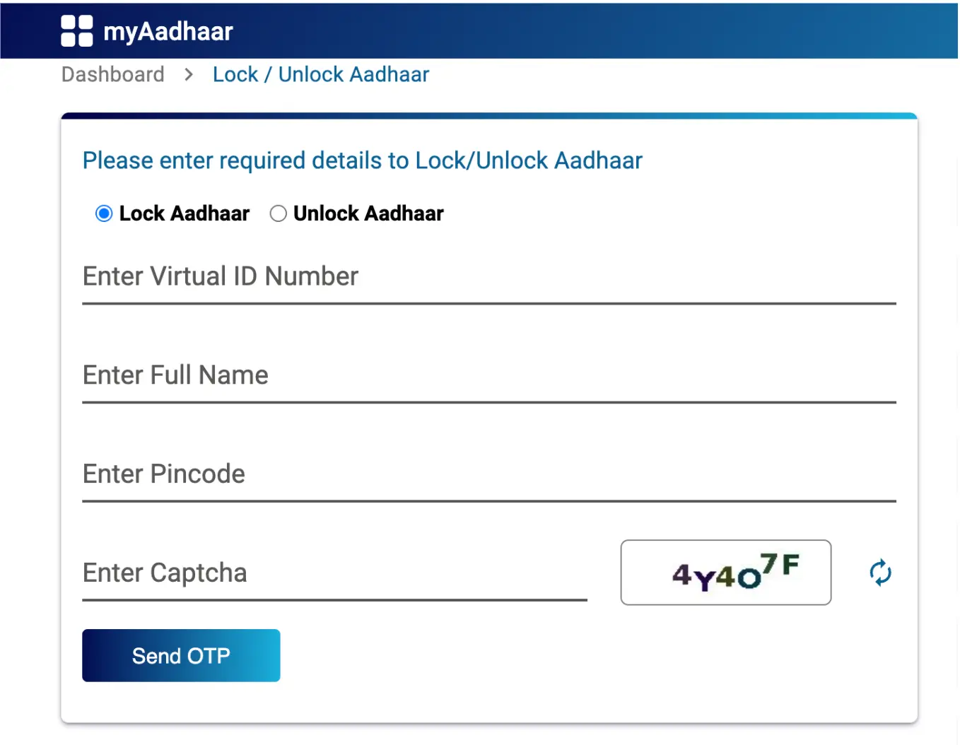 Aadhaar lock/unlock status enter virtual ID, name, pin code, and captcha