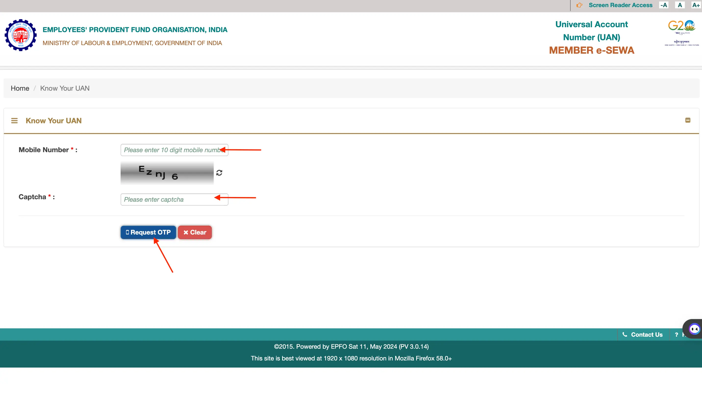 Enter phone number and captcha code for OTP for EPFO