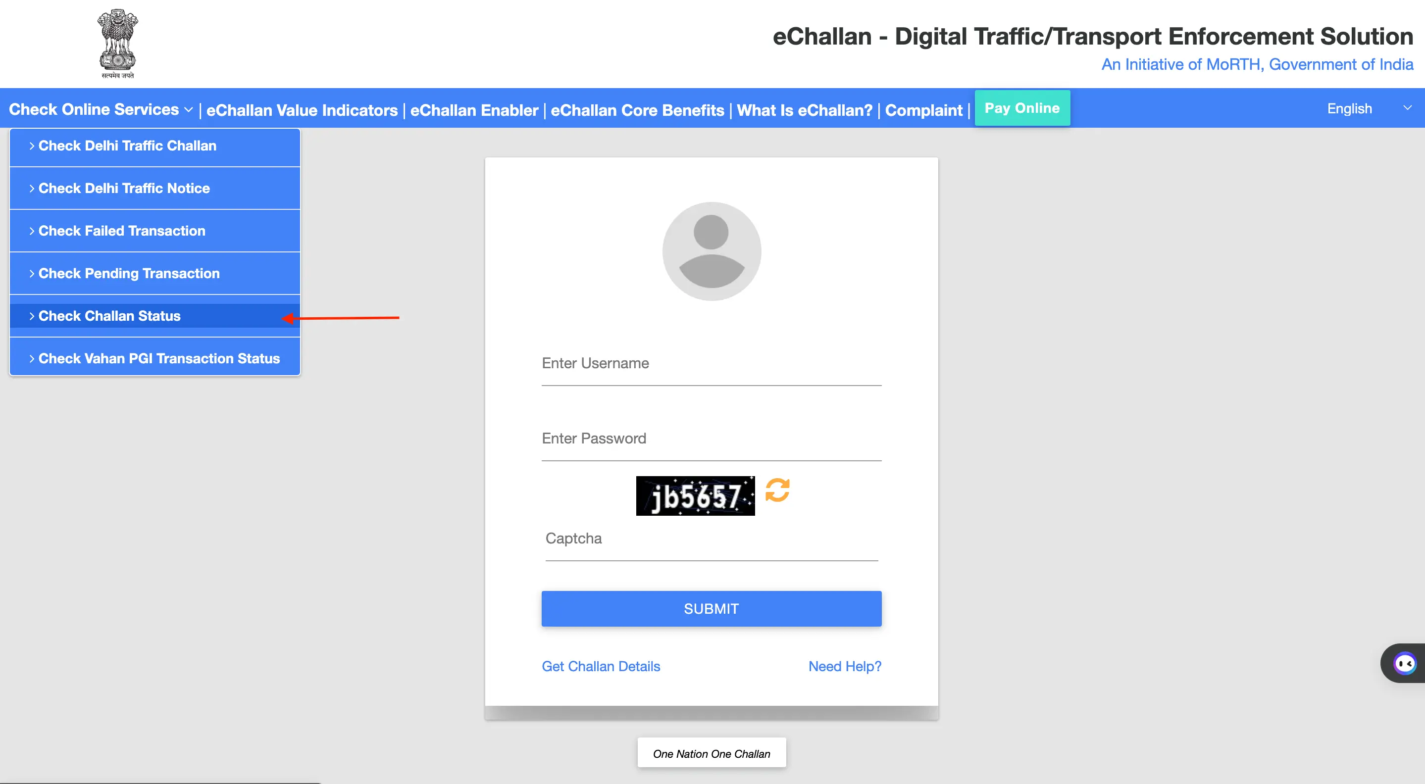 Screenshot of selecting 'Check Challan Status' option on Parivahan's e-challan page