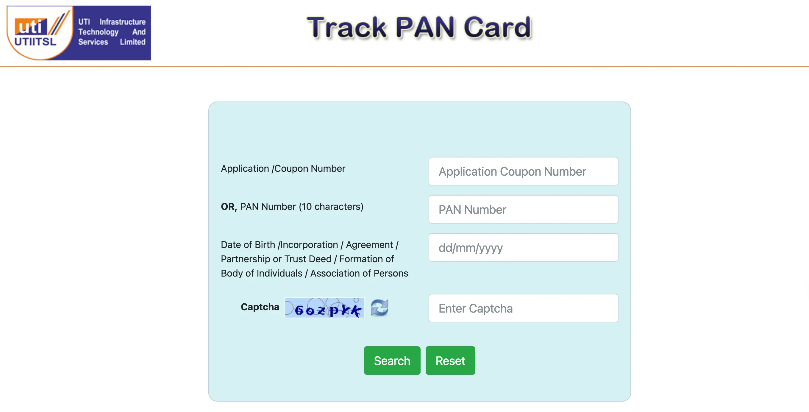 Search UTIITSL application status with PAN and DOB, Application No, and Enter the Captcha code given for Application Status