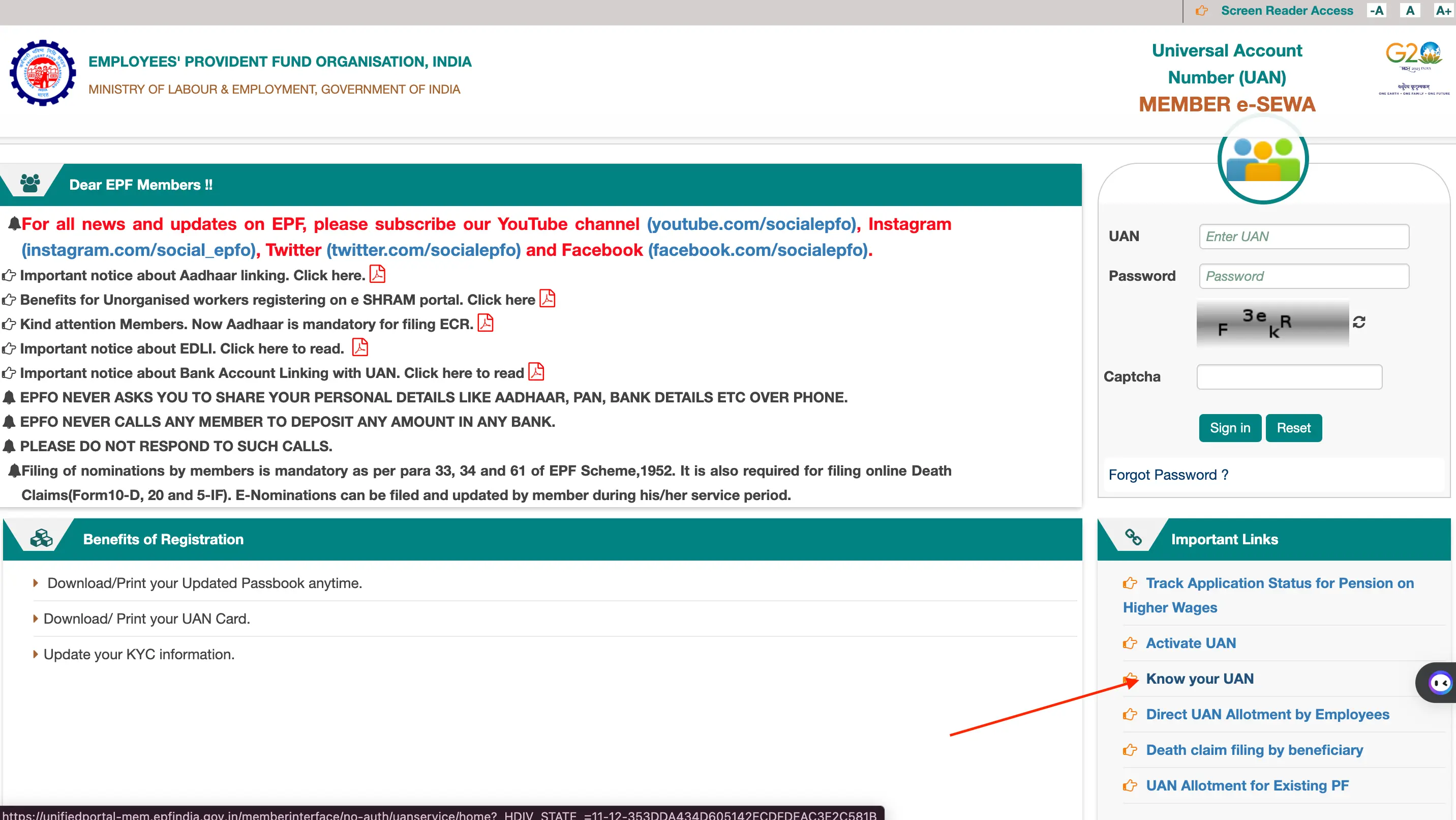 Steps to check UAN status on EPFO website, including finding the 'Know your UAN' link