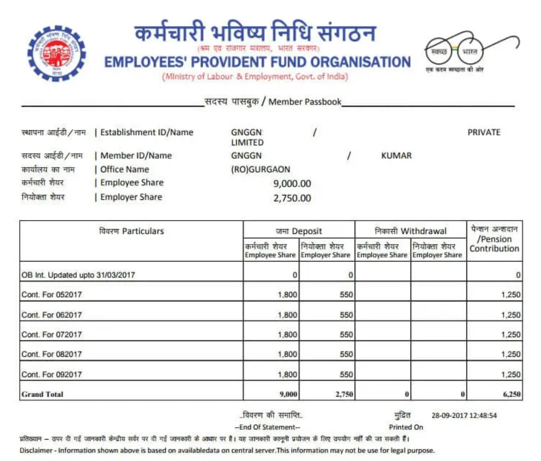 Employee clicking Member ID to view company and employee details in EPF e-Passbook, including office address, ownership percentages, and EPS contributions