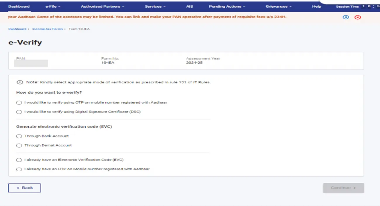 E-verification process options: Aadhaar OTP, Digital Signature, EVC