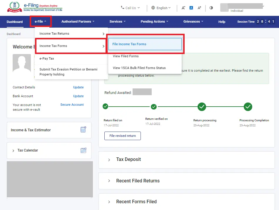 Dashboard e-File Income Tax Forms for Form 10 IE