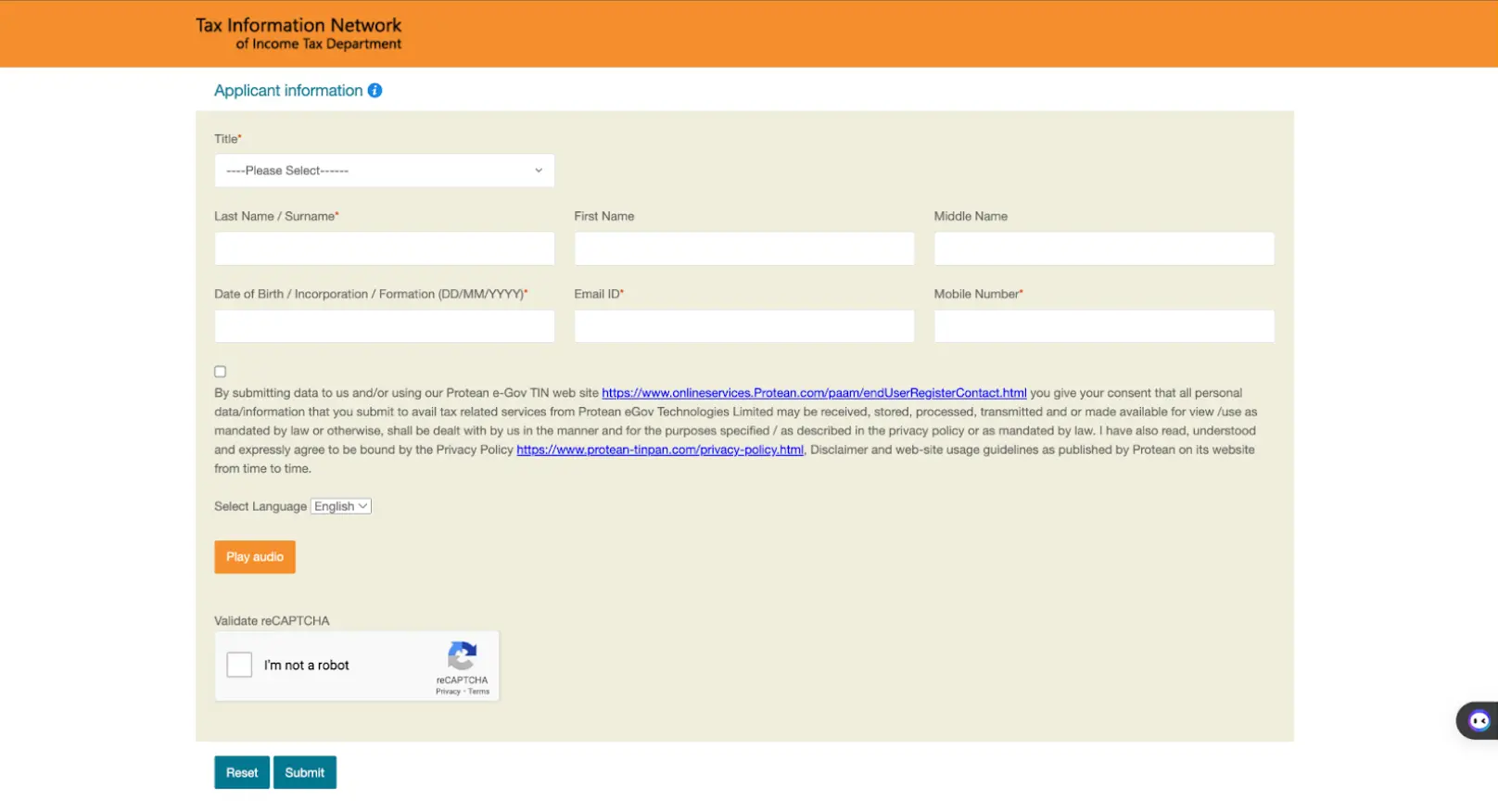 Form fields: Title, Last Name, First Name, Middle Name, Date of Birth (DD/MM/YYYY), Email, Mobile Number, Captcha