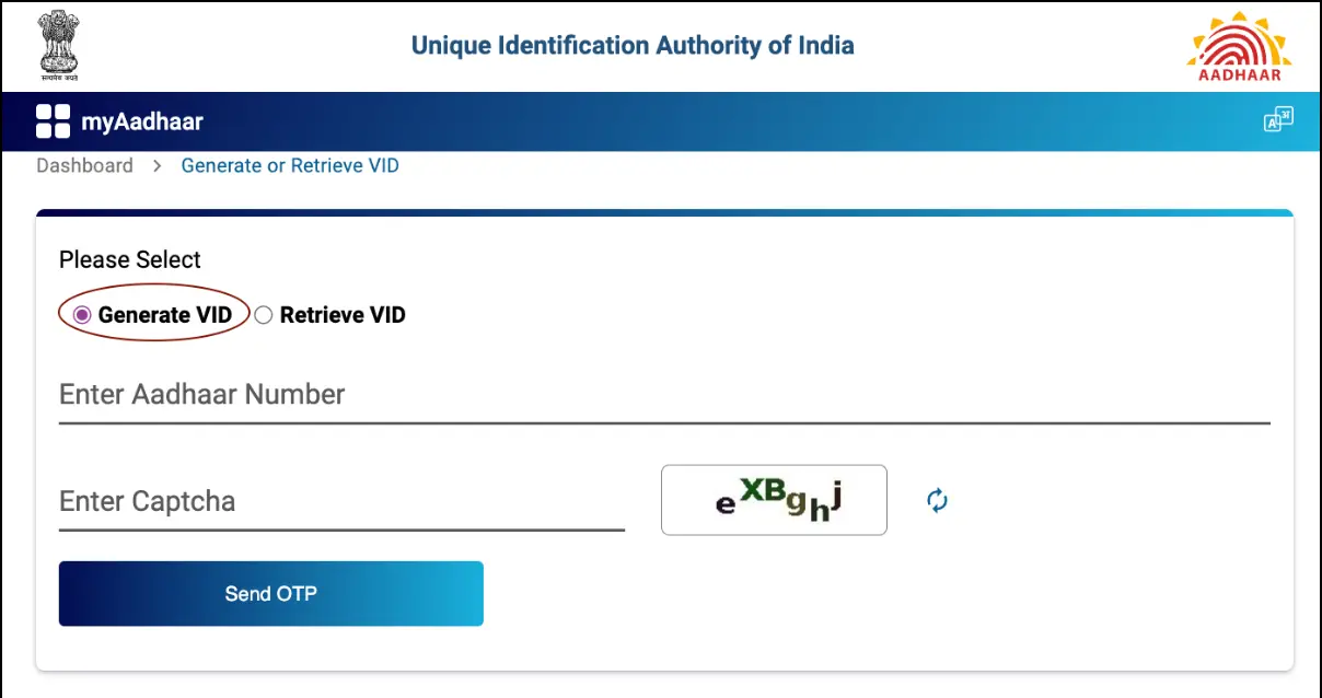 Enter Aadhaar Number and Captcha, then click 'Send OTP' to Generate VID