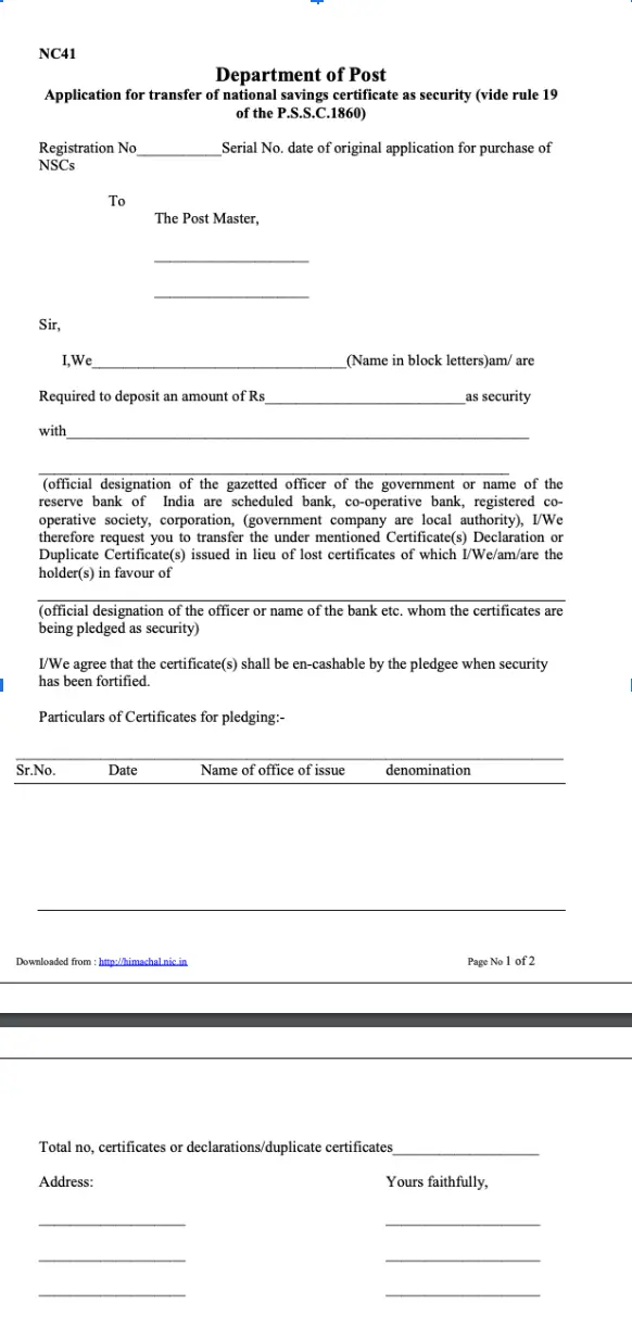 Loan Against NSC Form Transfer NSC as a Security