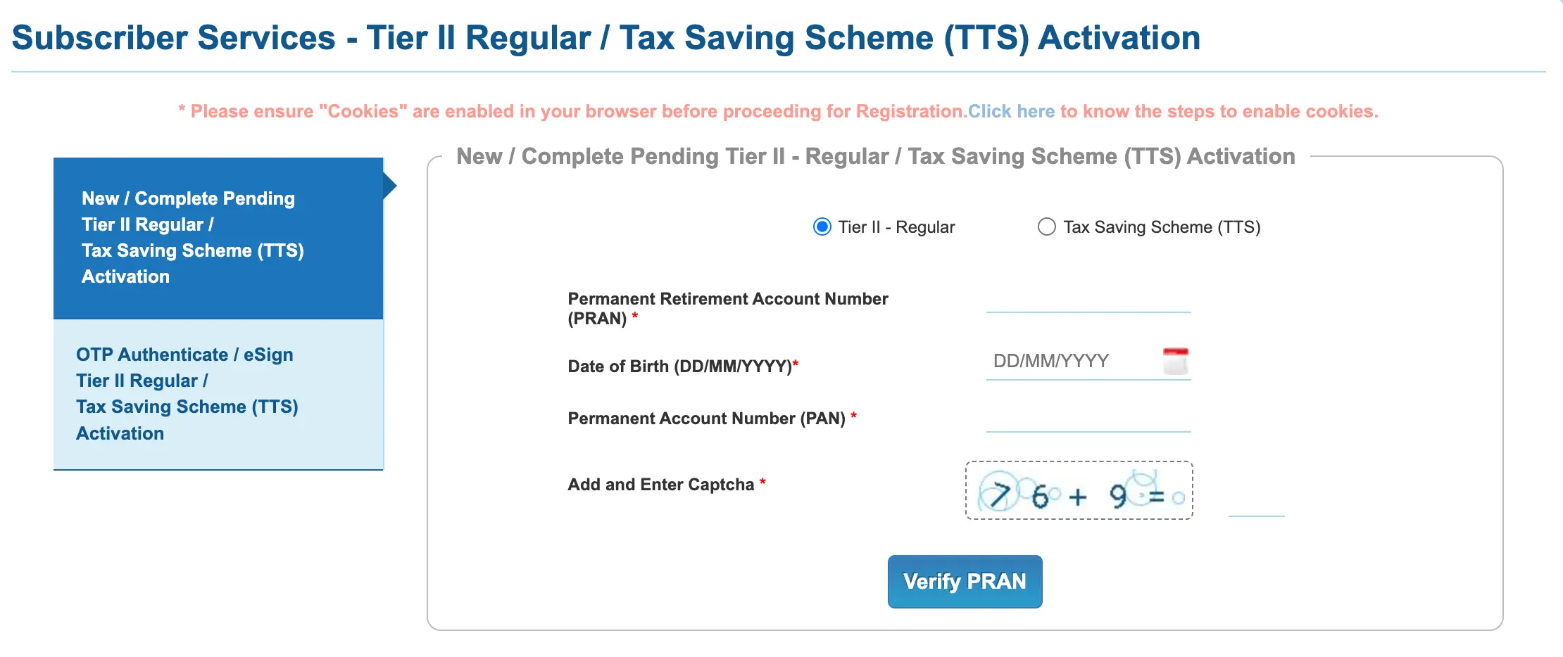 Online NPS Tier 2 Account Opening with PRAN, DOB, PAN, and Captcha Entry