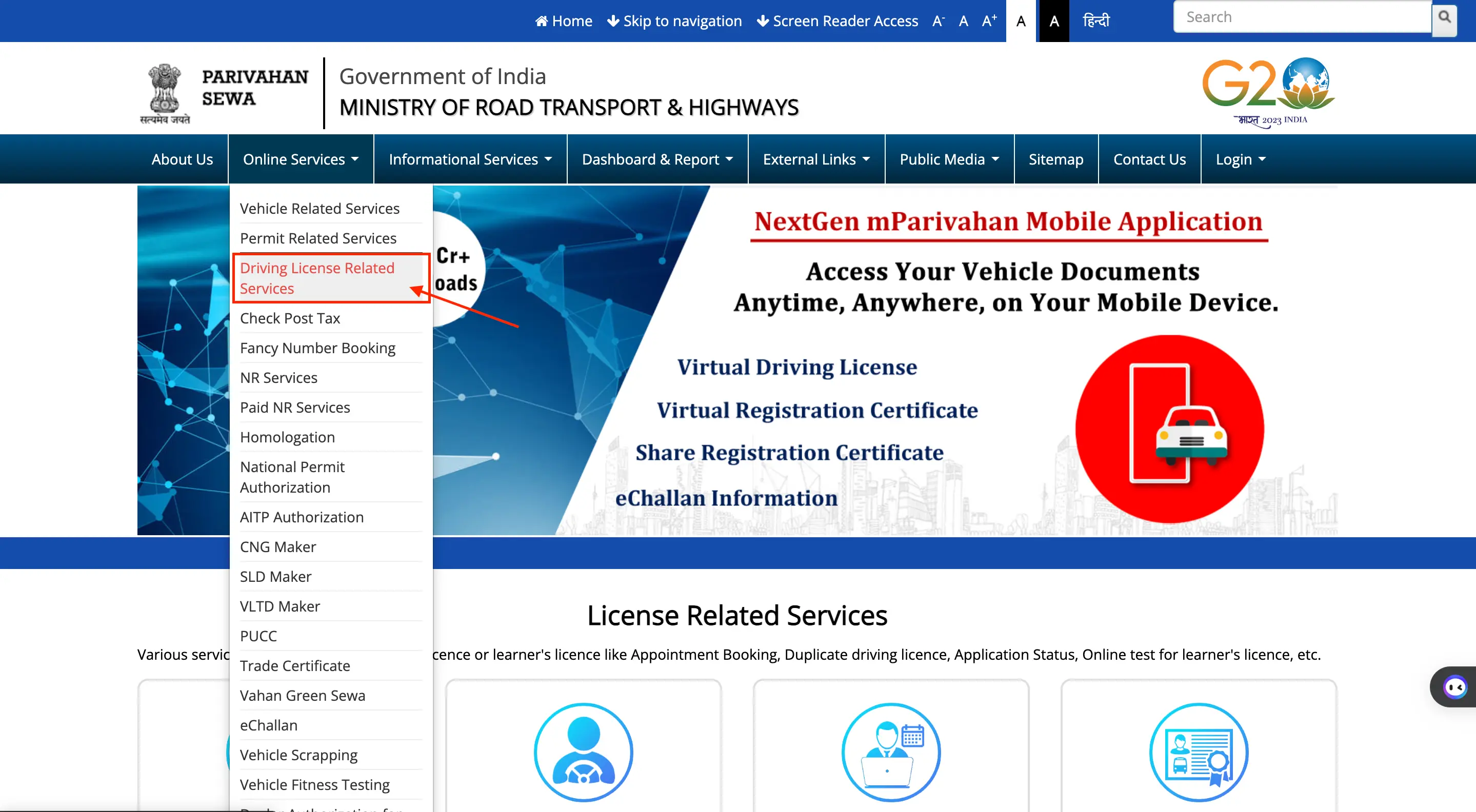 Navigate to Parivahan Sewa Portal and select Online Driving Licence Services