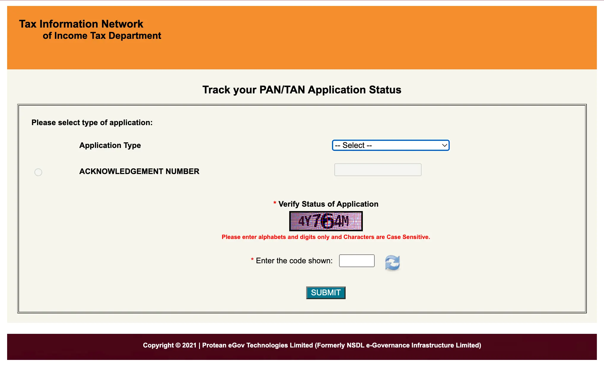 NSDL website screenshot showing application type, acknowledgment number, and Captcha Code fields