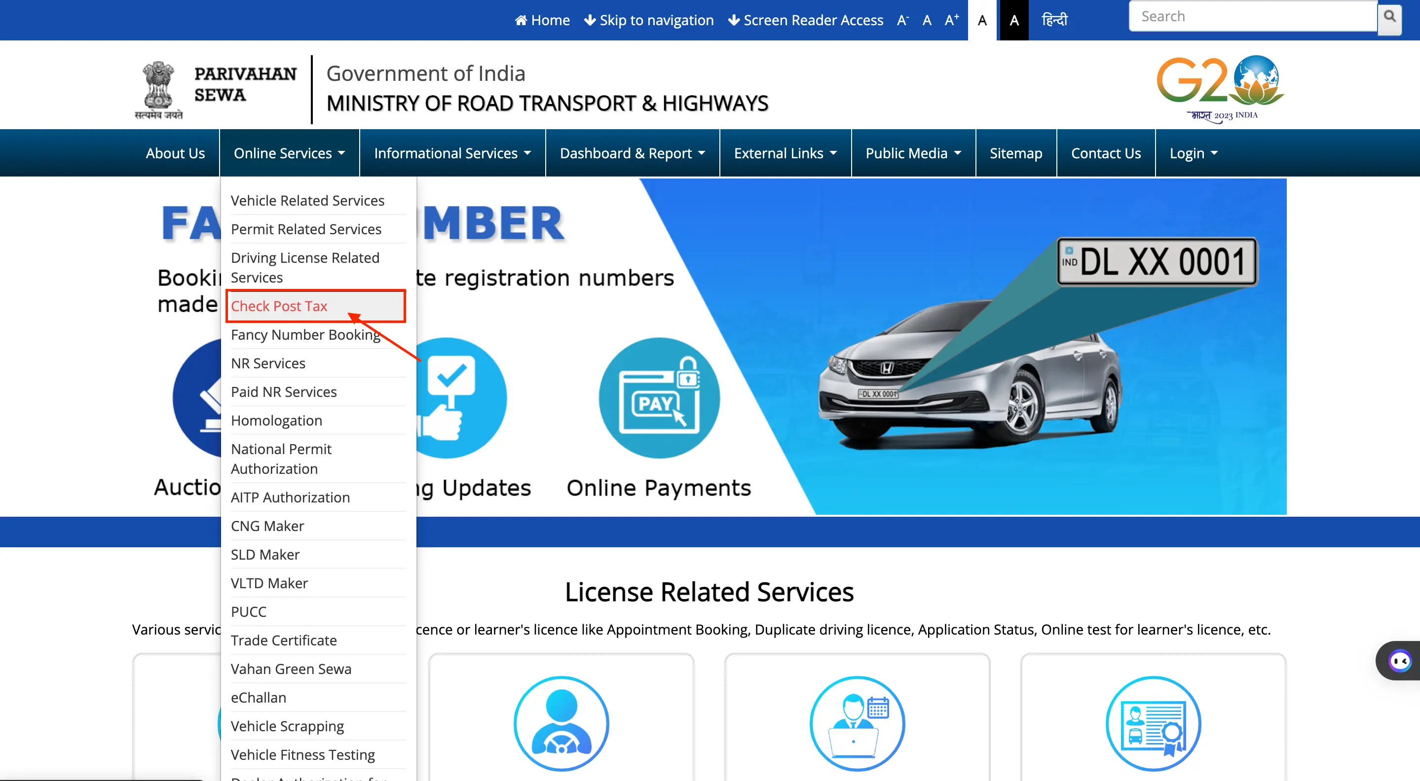 Visit Parivahan Sewa Portal, select Online Service, and choose Check Post Tax option