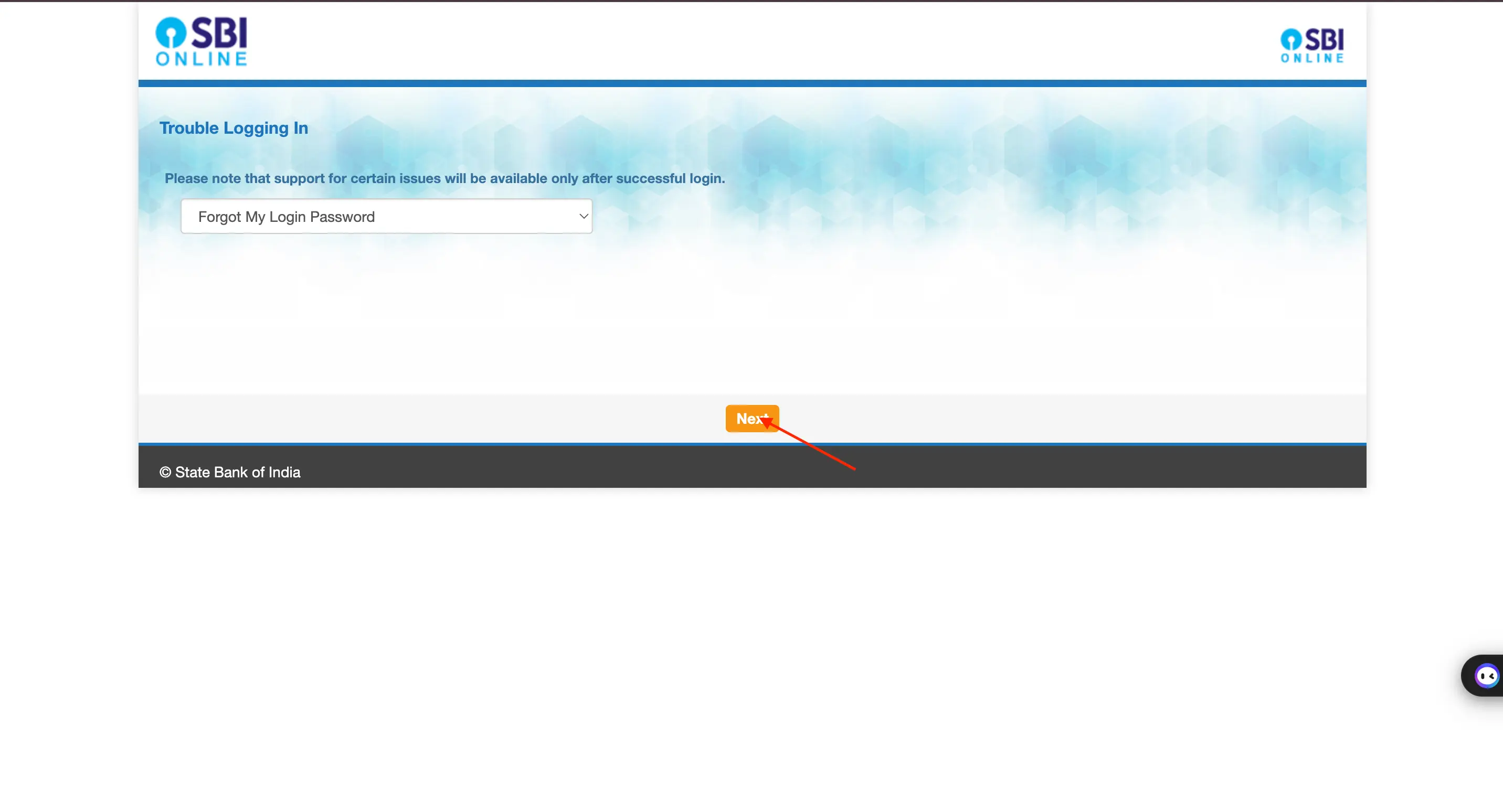 SBI Net Banking Forgot Login Password Popup Dropdown