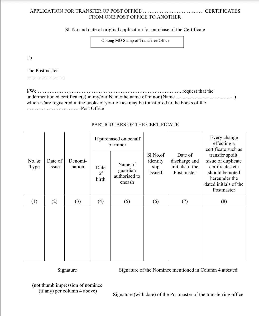 Kisan Vikas Patra Transfer Form Sample Page 1