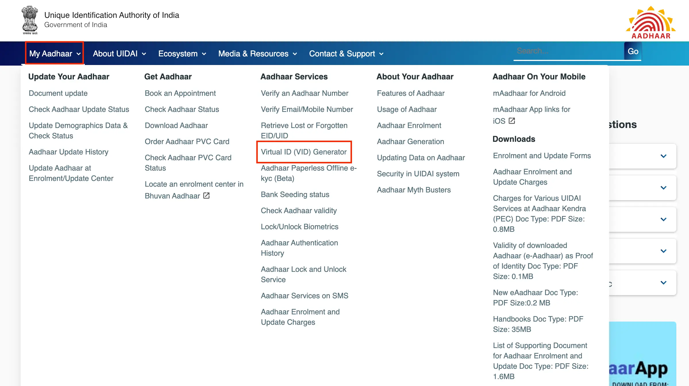 Virtual ID Generator in My Aadhaar Portal