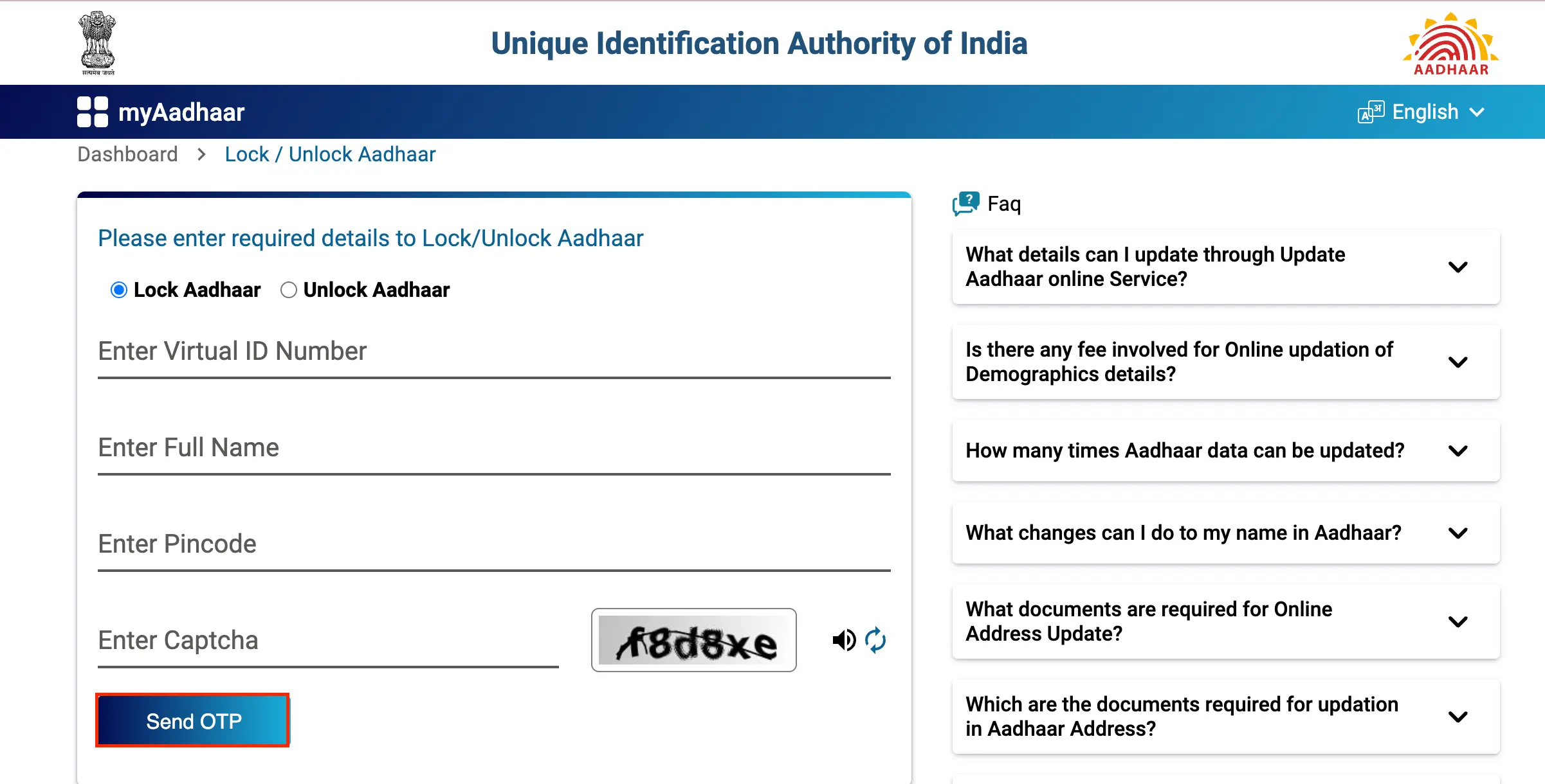 Secure Aadhaar Verification - Enter Virtual ID, Full Name, Pin Code, and Captcha, Click 'Send OTP