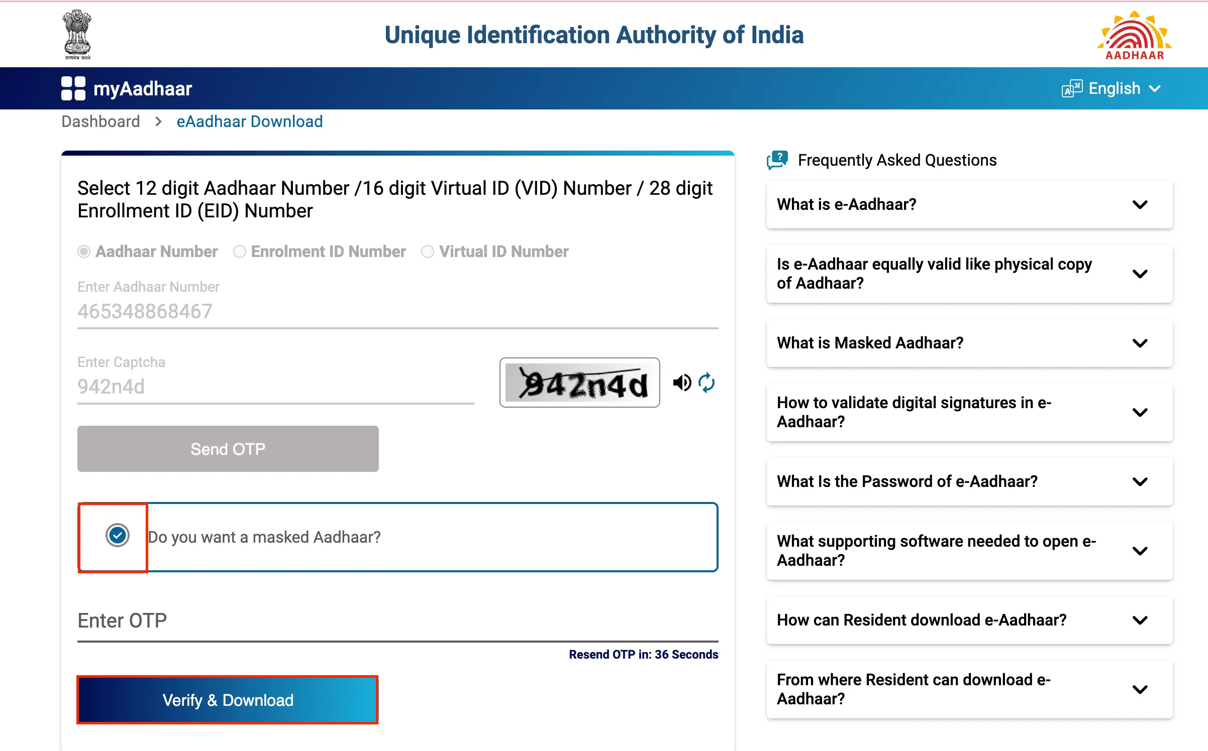 Verify and Download Masked Aadhaar with OTP