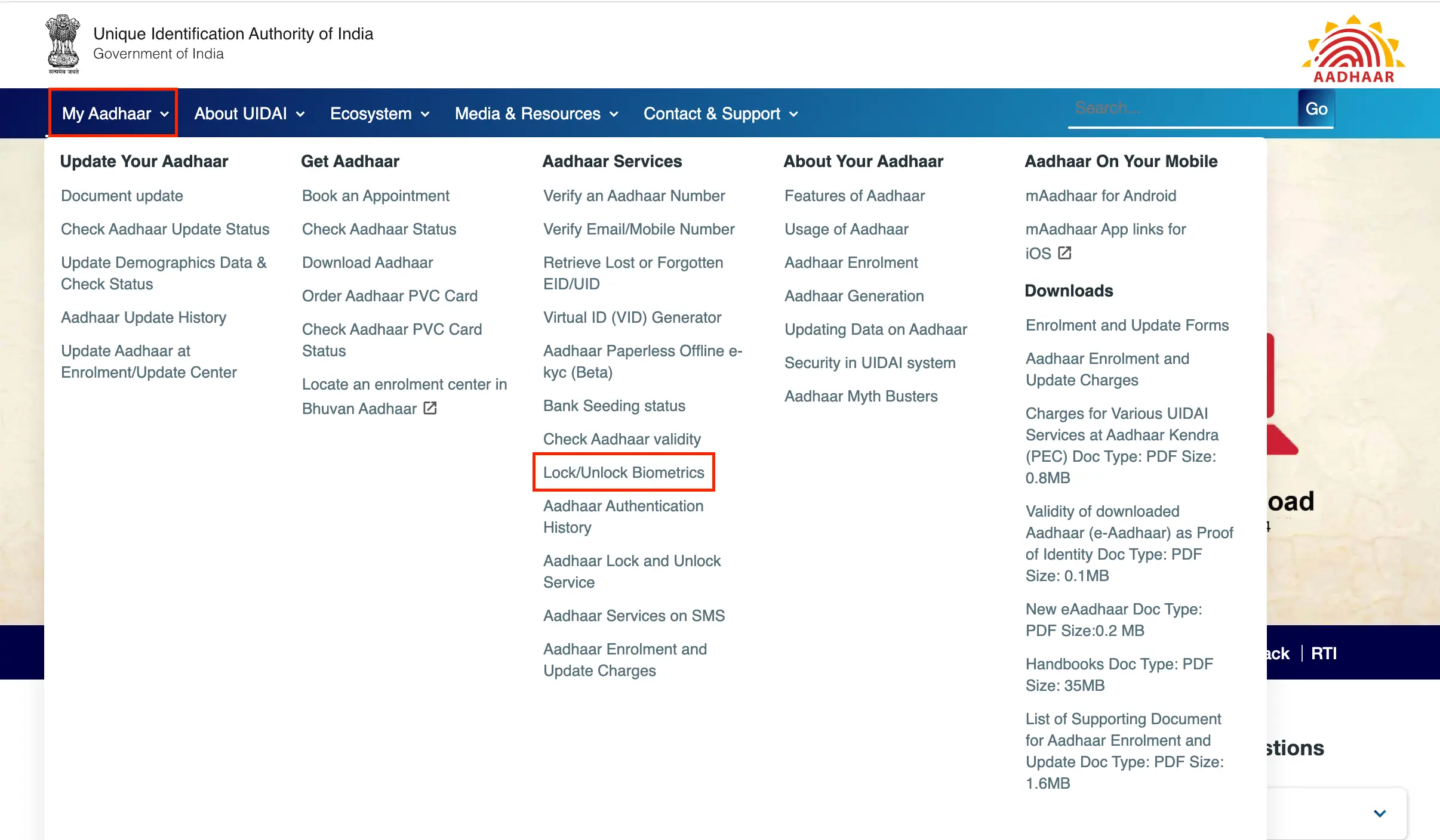 My Aadhaar - Lock/Unlock Biometrics Feature