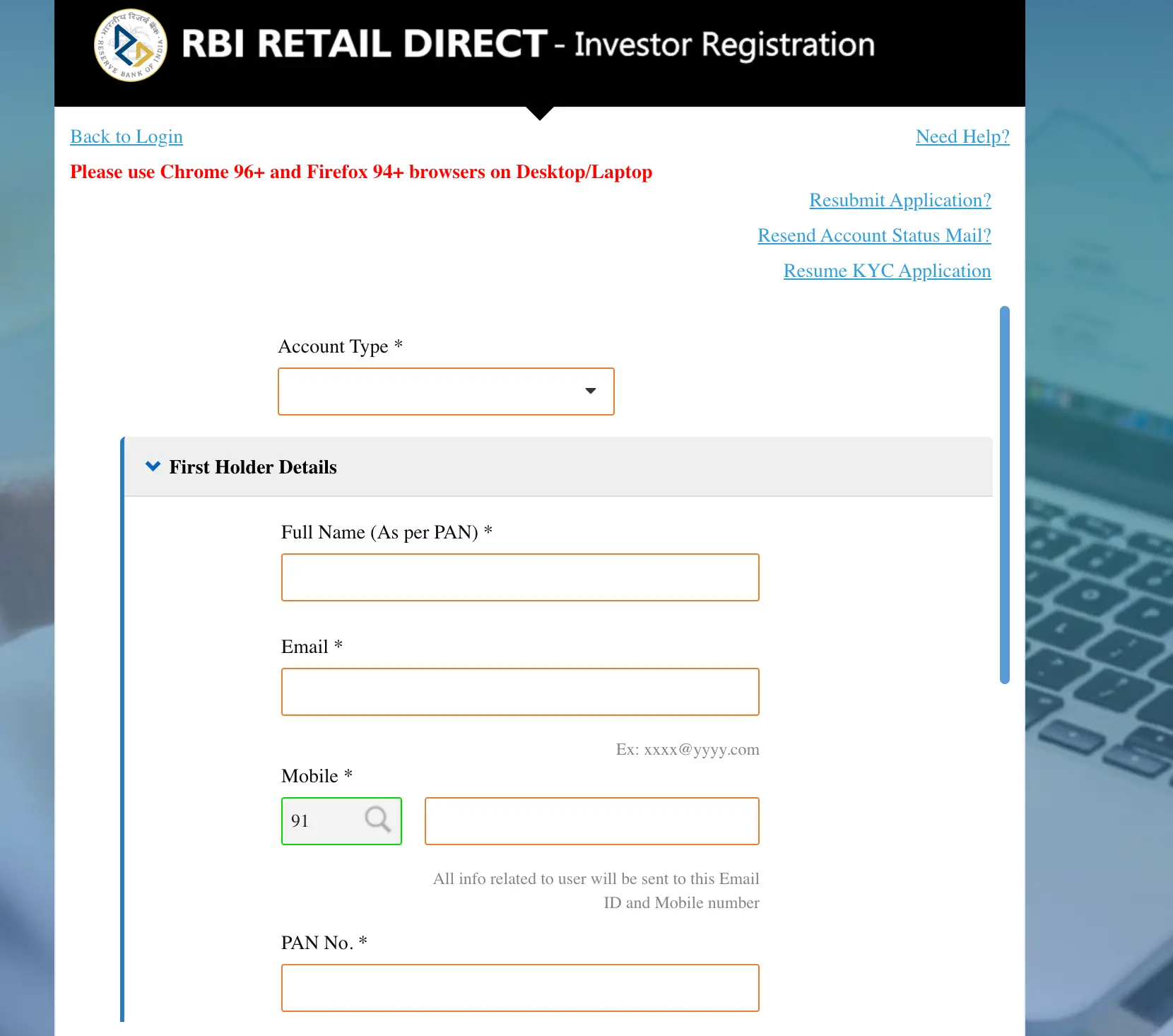 Start Investing with RBI Retail Direct Enter and fill the details