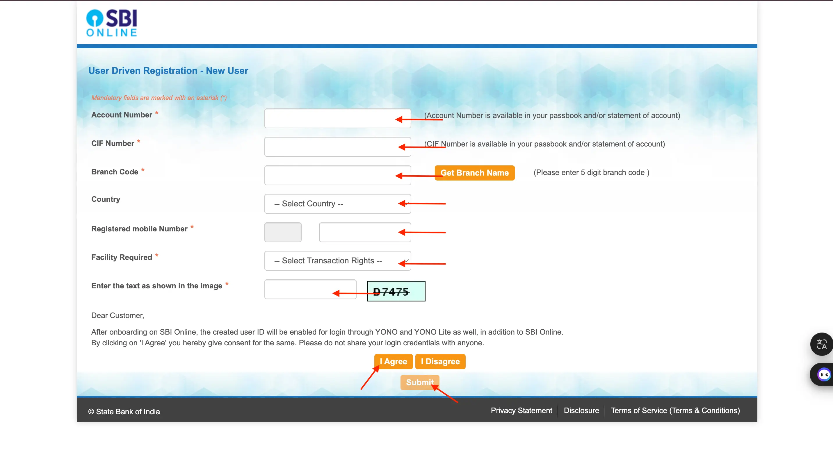 SBI Net Banking form with fields for account details, CIF number, branch code, mobile number, captcha, and submission