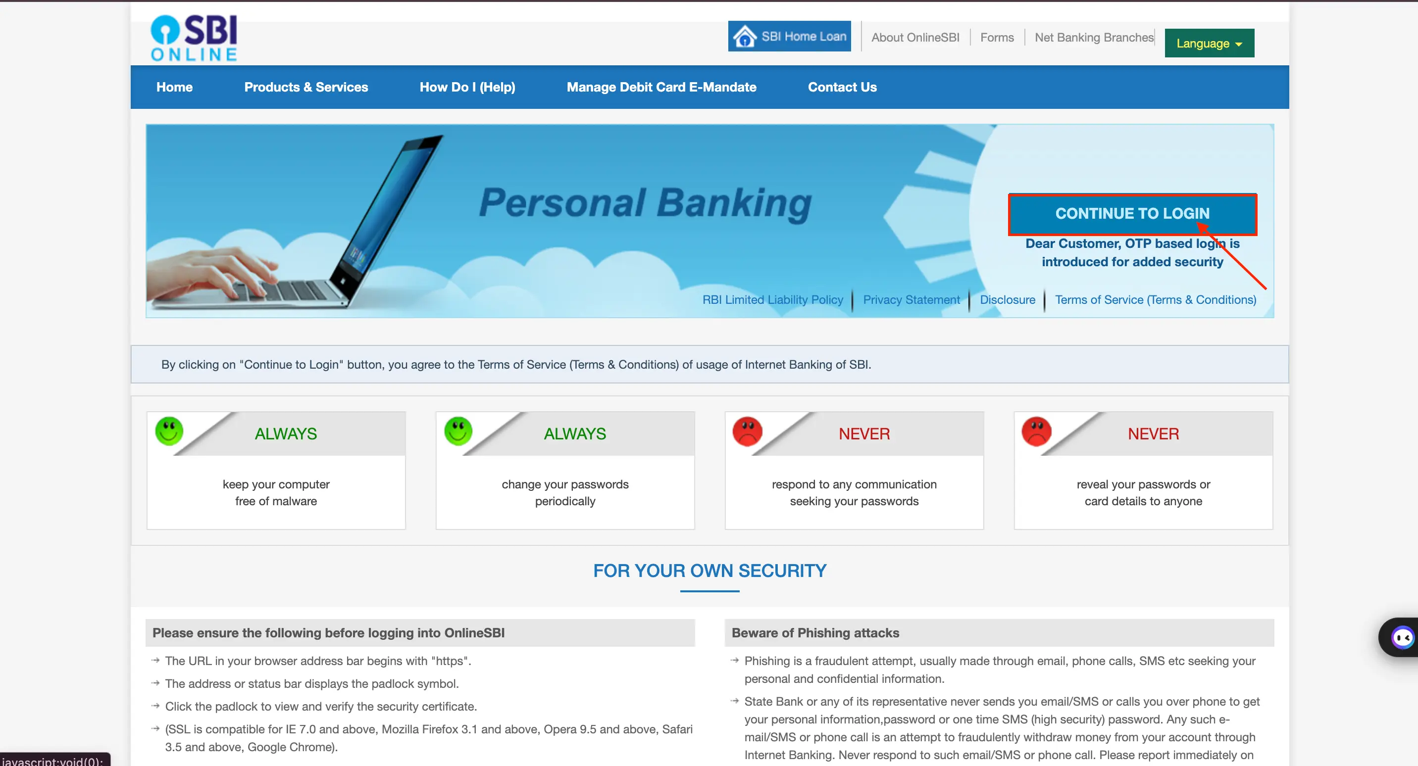 SBI Net Banking login page screenshot