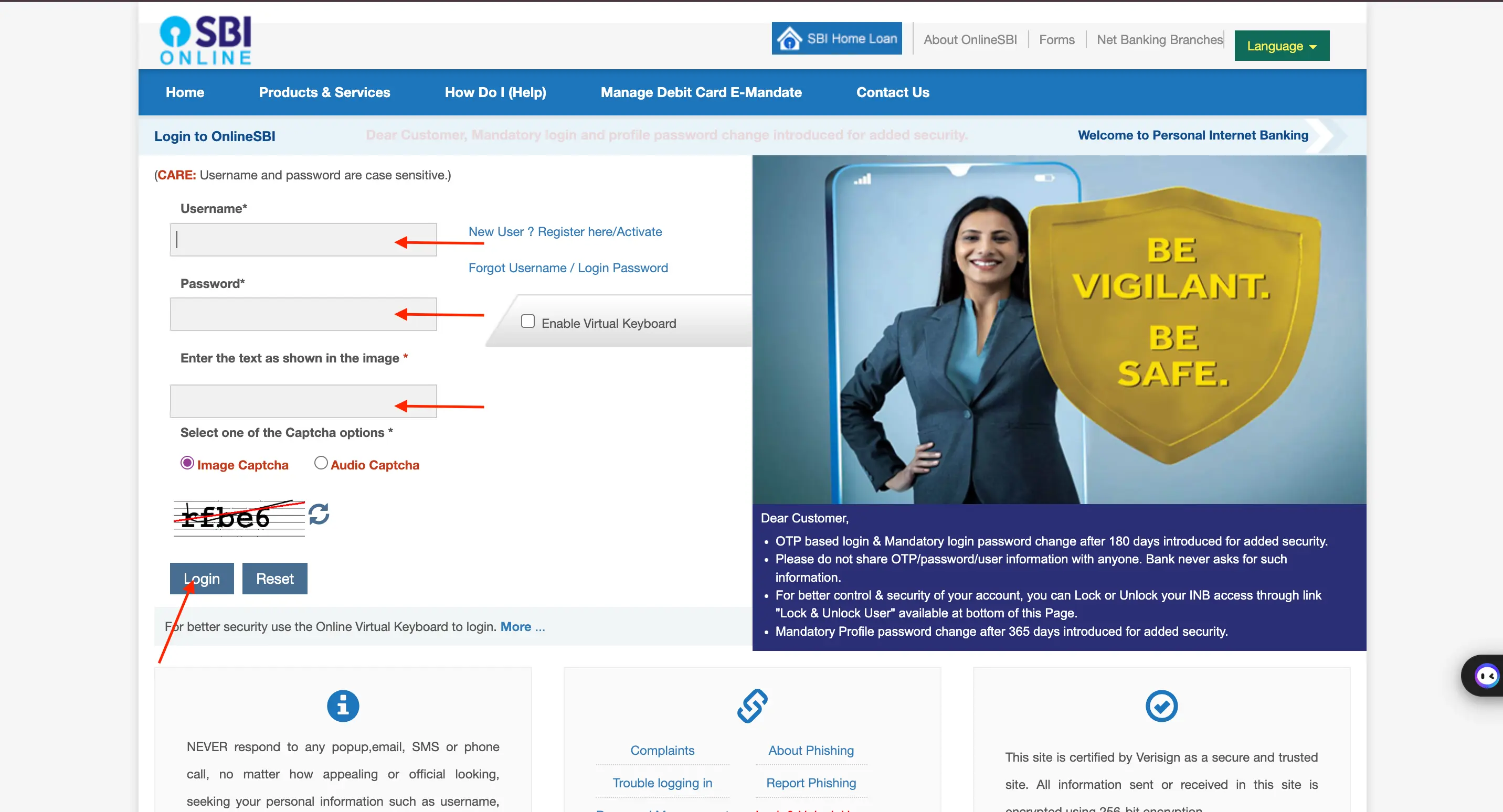 SBI Net Banking login page with username, password, and Captcha fields