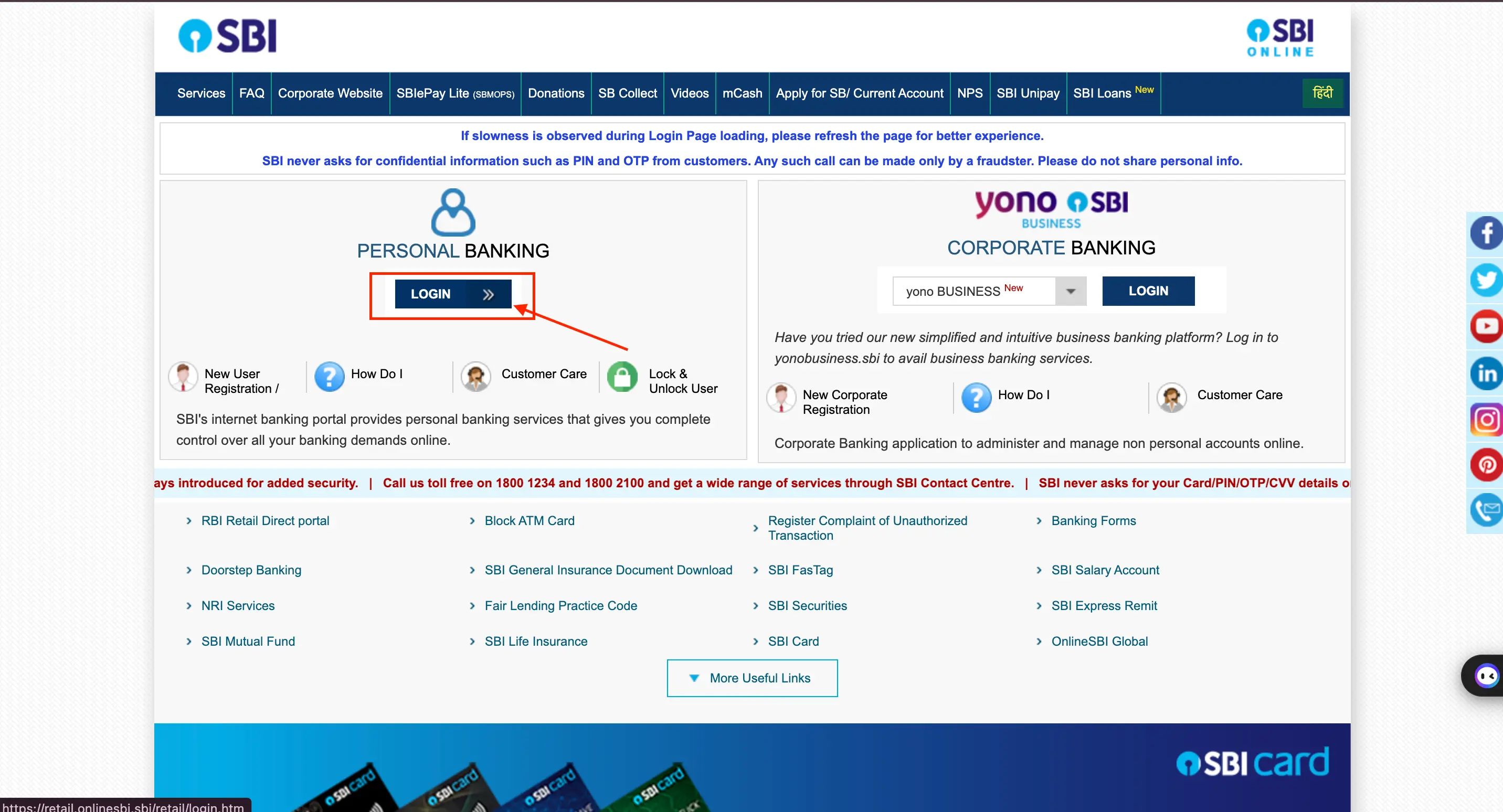 SBI Net Banking Personal Banking Login Button