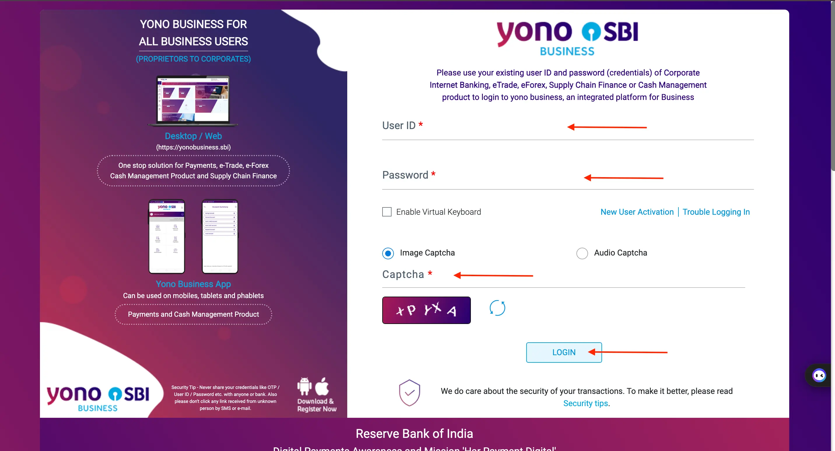 SBI Net Banking login interface with user ID, password, and Captcha input fields