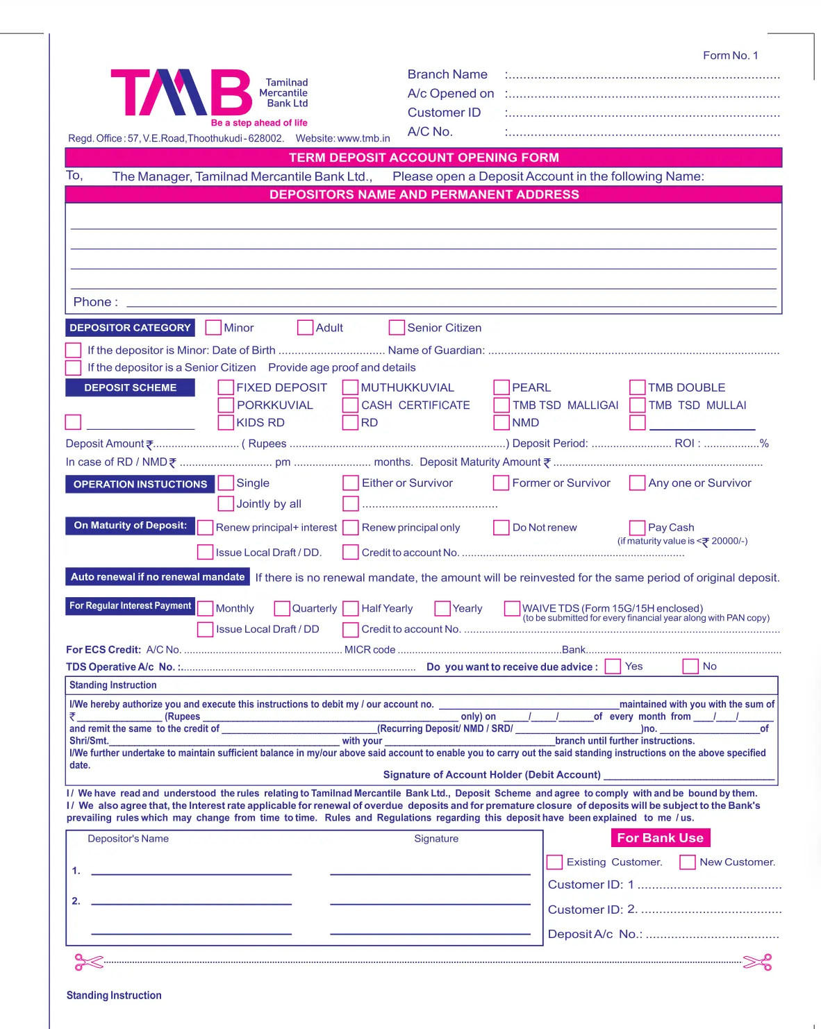 Tamilnad Mercantile Bank RD Application Form Page 1