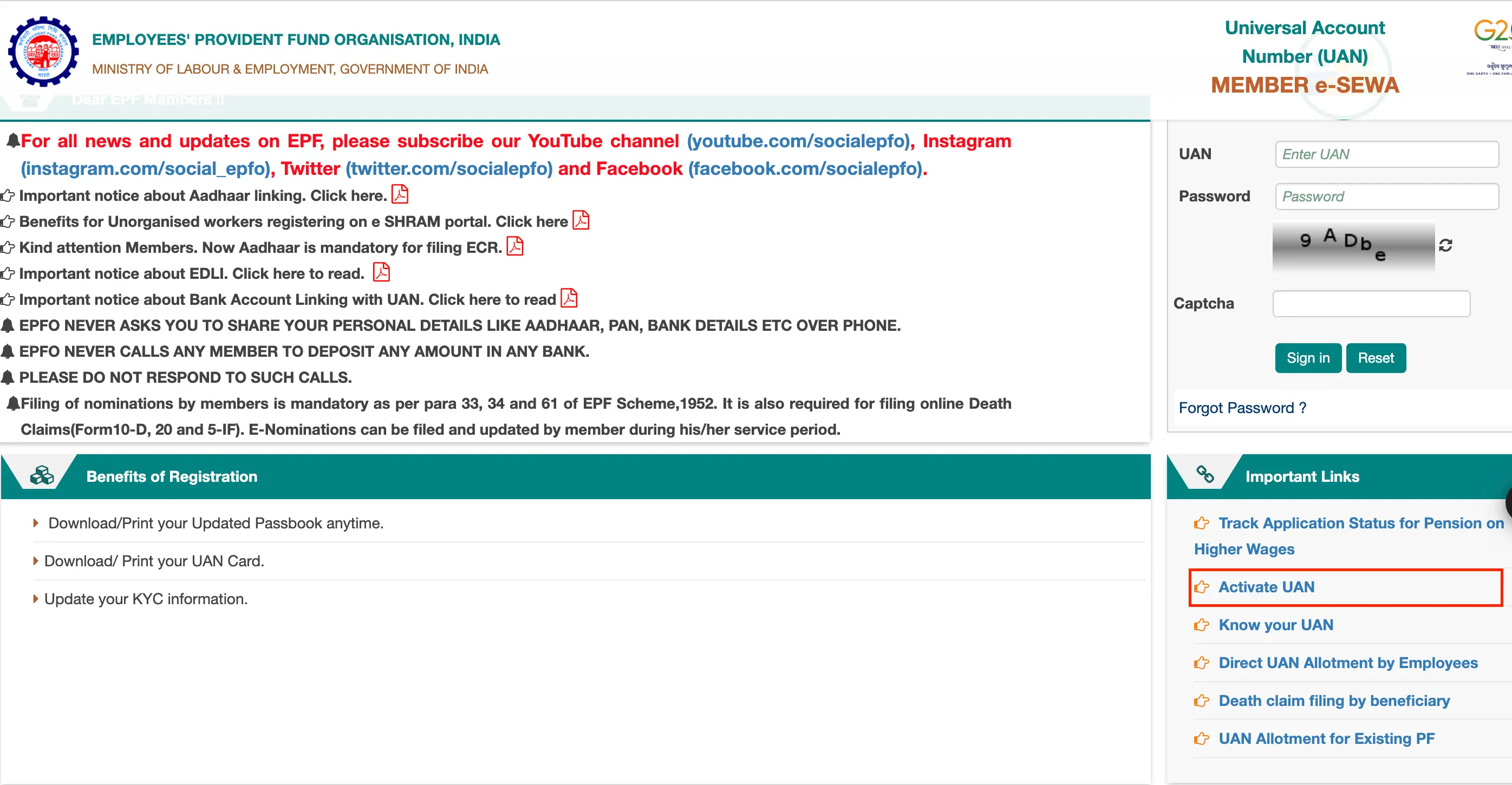 EPFO website screen showing the option to click on ‘Activate UAN’ for UAN activation