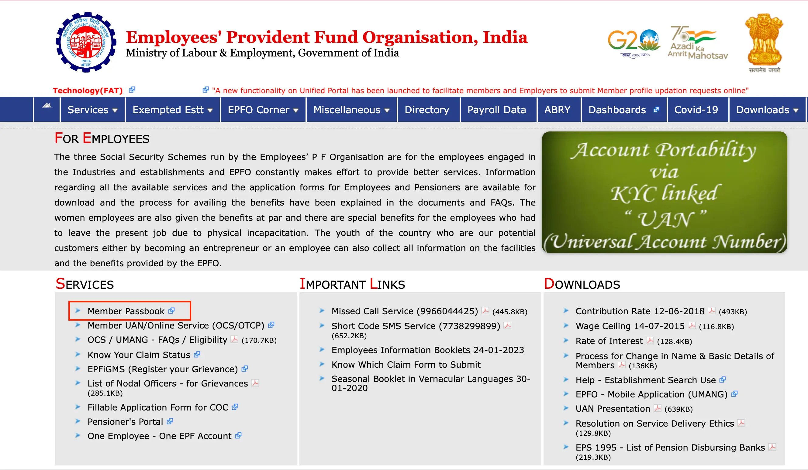 EPFO services page with the Member Passbook option highlighted