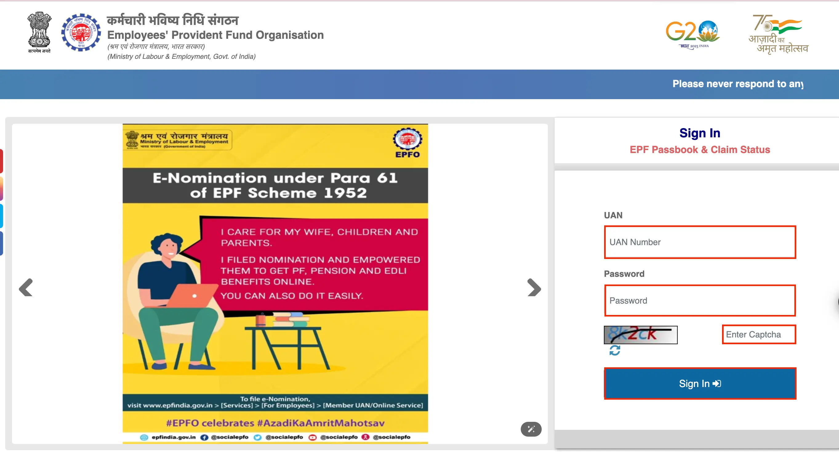 EPF Sign-In page for accessing your account