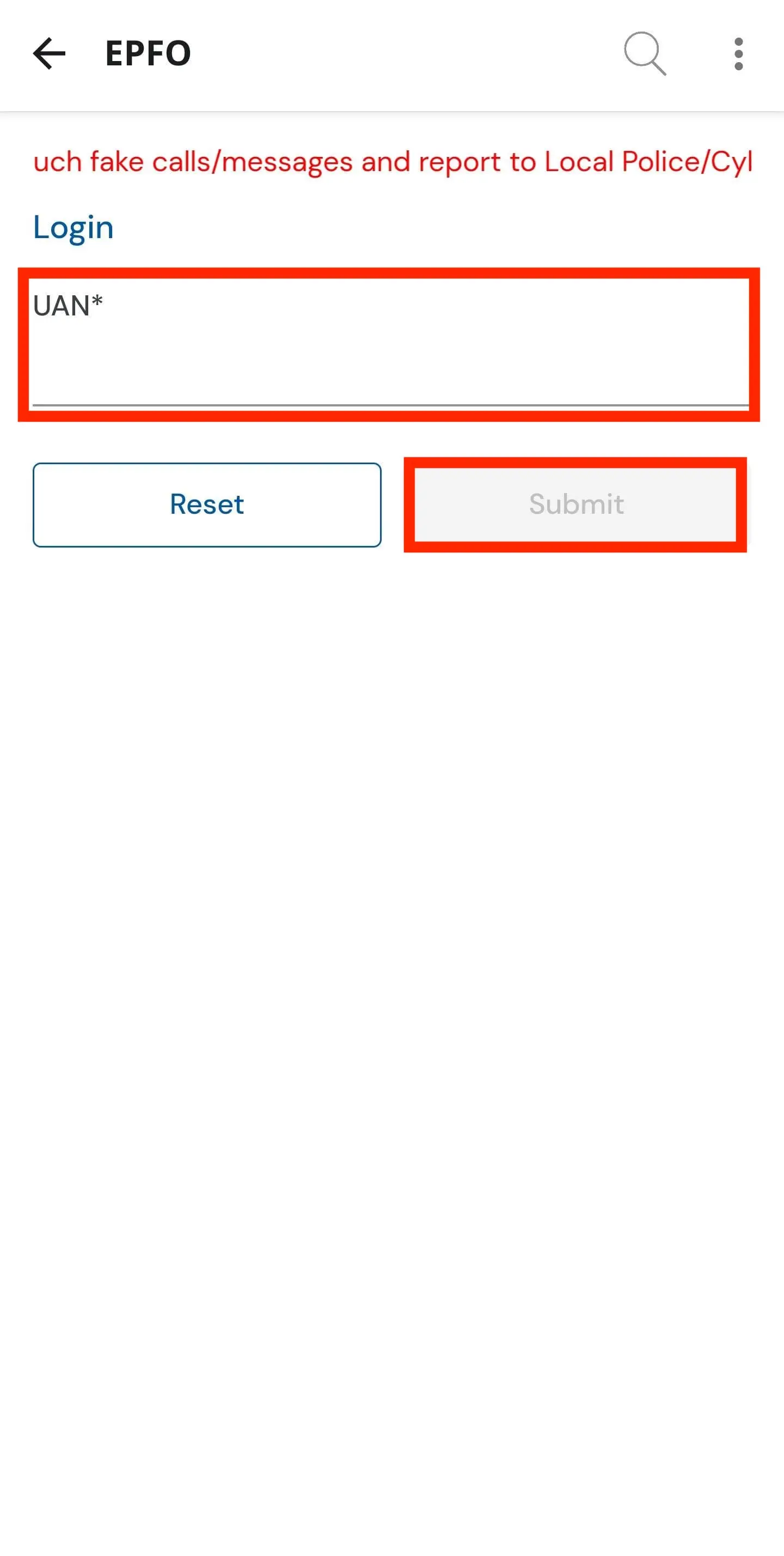 UMANG app showing the UAN login page after selecting ‘View Passbook’ for EPFO services