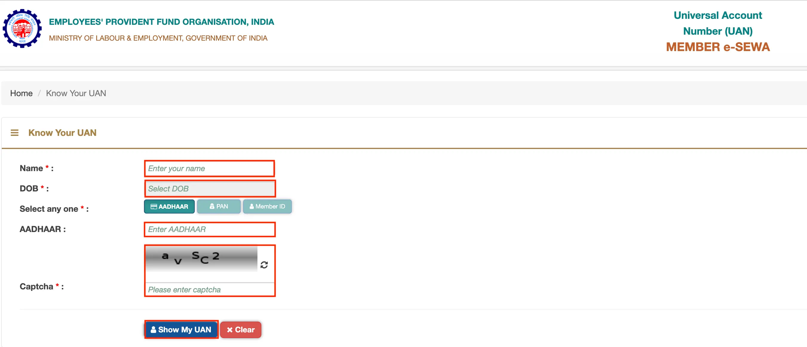 UMANG app screen where users enter their name, date of birth, and select Aadhaar, PAN, or Member ID for UAN verification