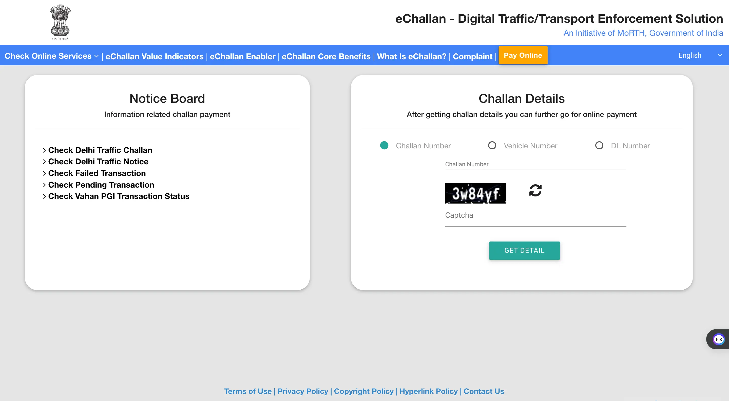 Enter Challan Number, Vehicle Number, or DL Number and Captcha, then click Get Detail