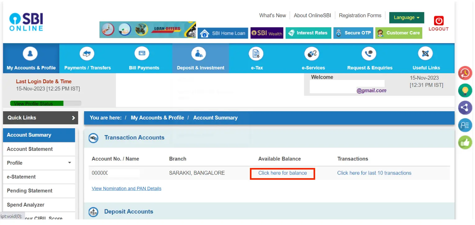 SBI Net Banking check balance option