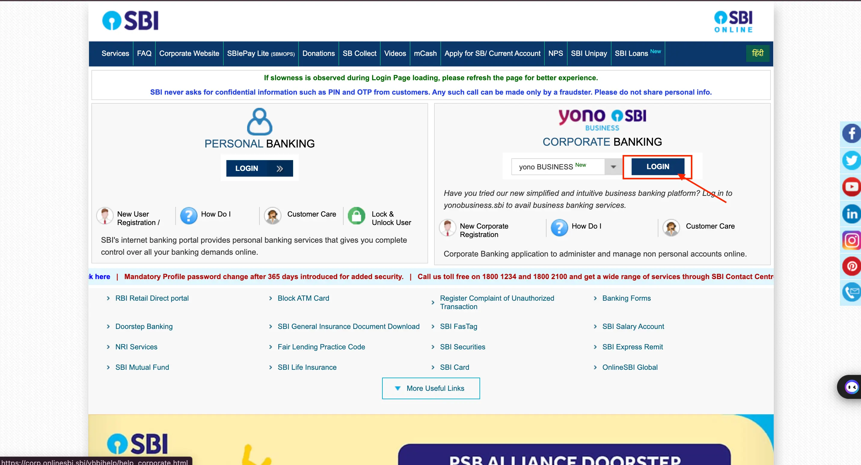 SBI Net Banking, Corporate Banking login screen in YONO SBI app