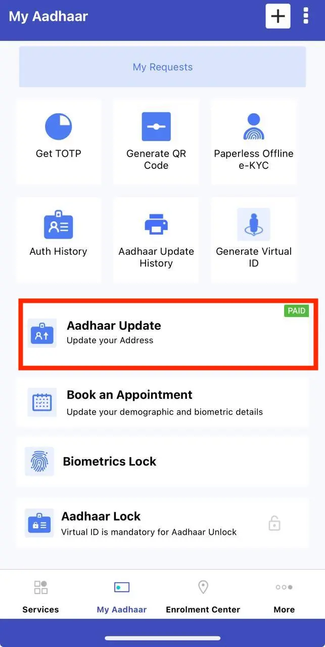Click on Aadhaar Update on mAadhaar
