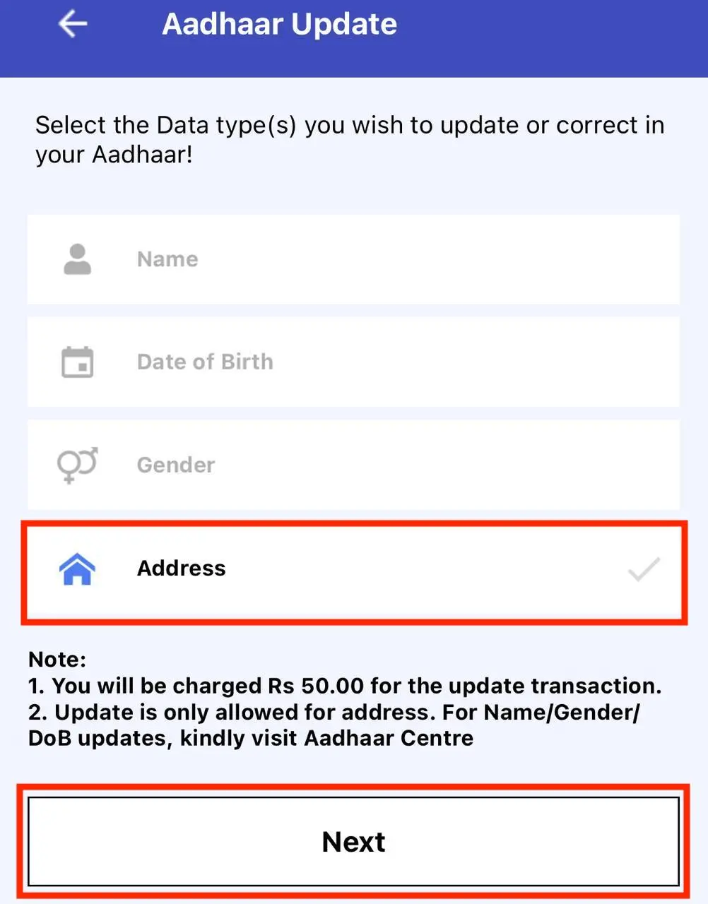 Click on Address for Aadhaar Adress Update on mAadhaar App