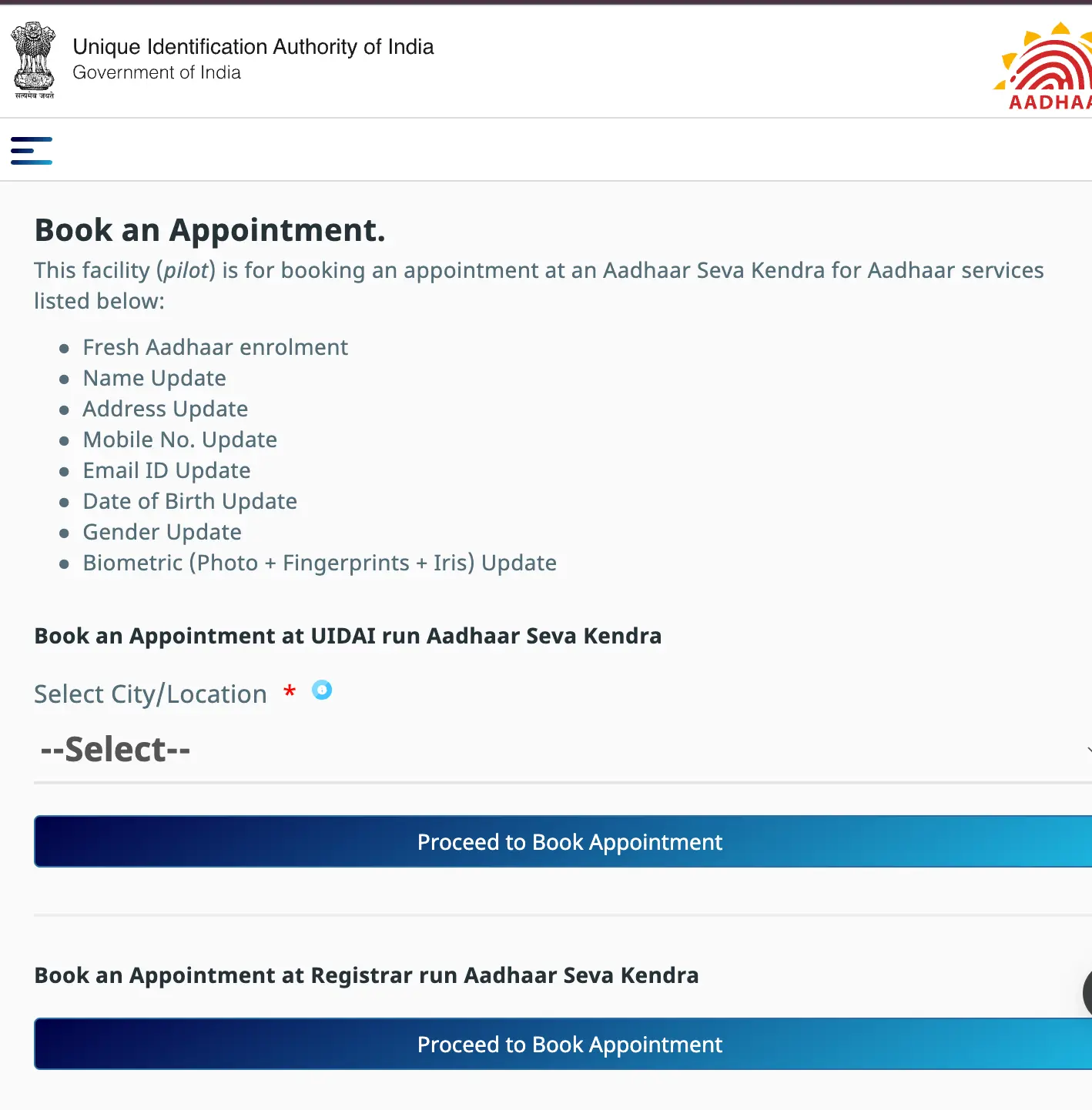 Aadhaar Name Update Book Appointment Select Location
