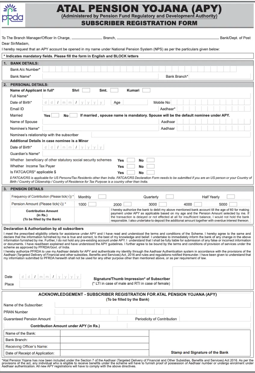 Atal Pension Yojana Application Form