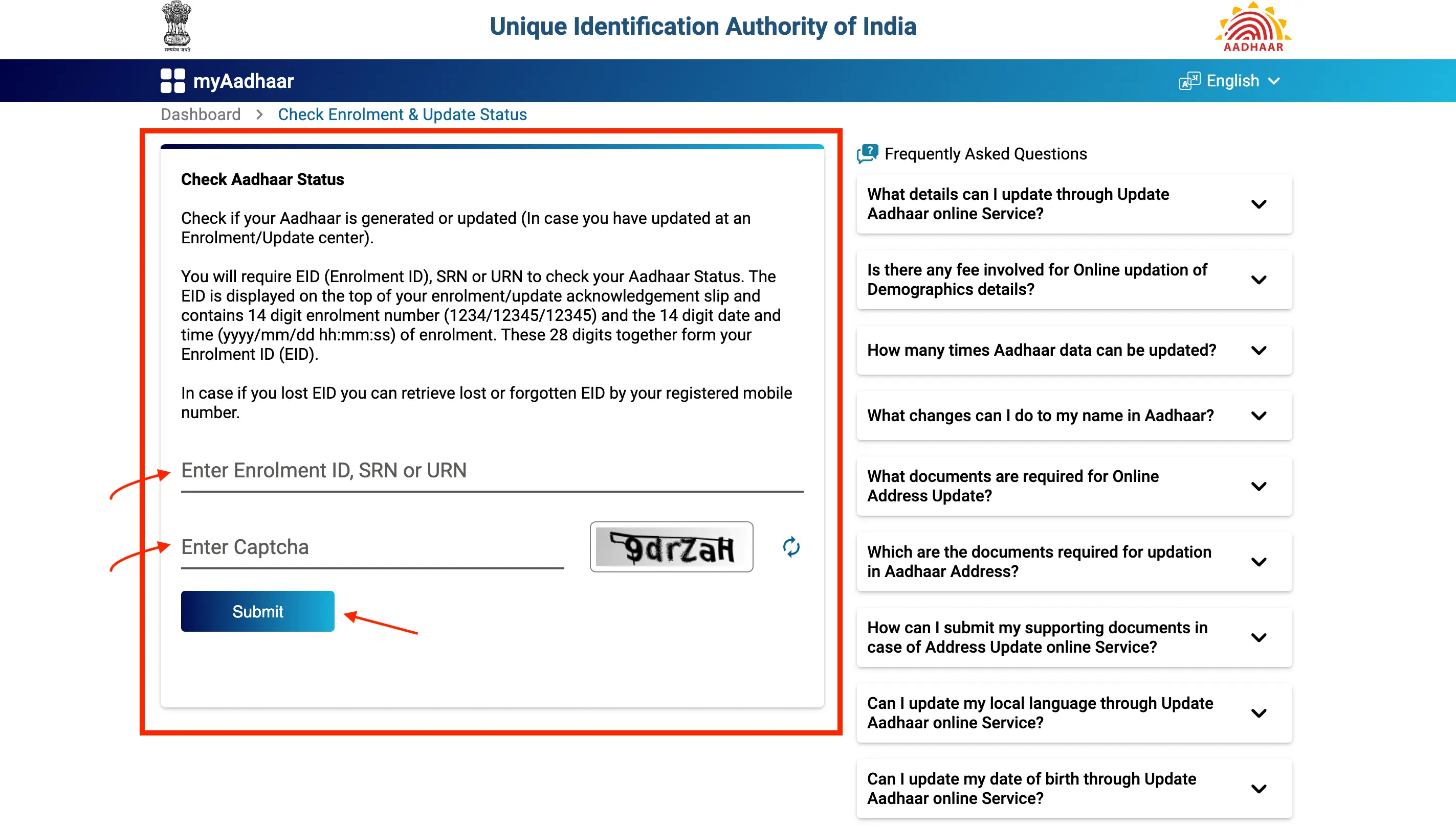 Check Aadhaar Card Update Status Online Using SRN URN & Enrolment ID