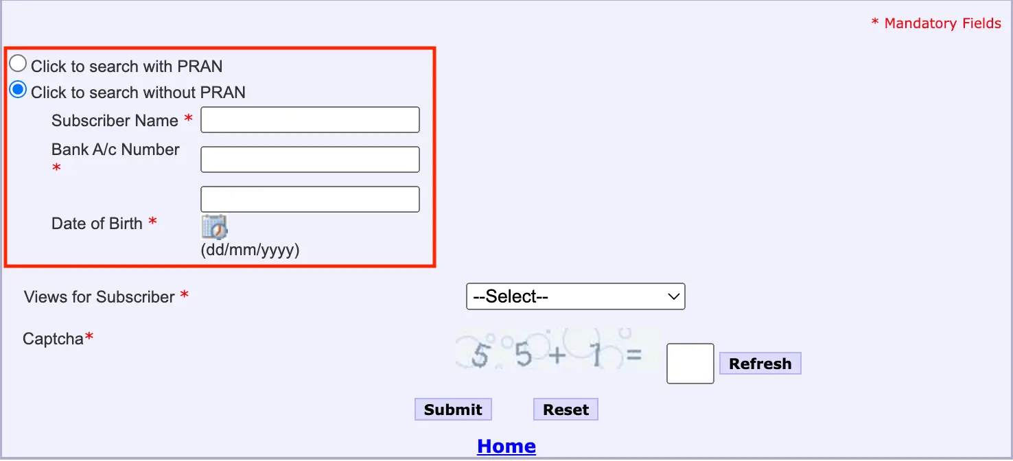 Check balance without PRAN by entering name, bank account number, and date of birth