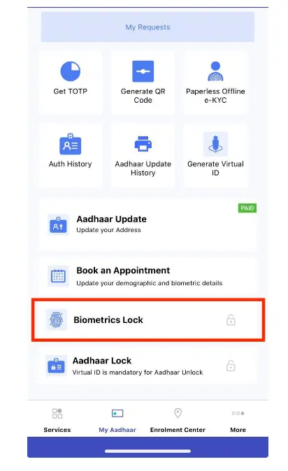 Aadhaar Biometric Lock Unlock on mAadhaar Click on Biometric Lock