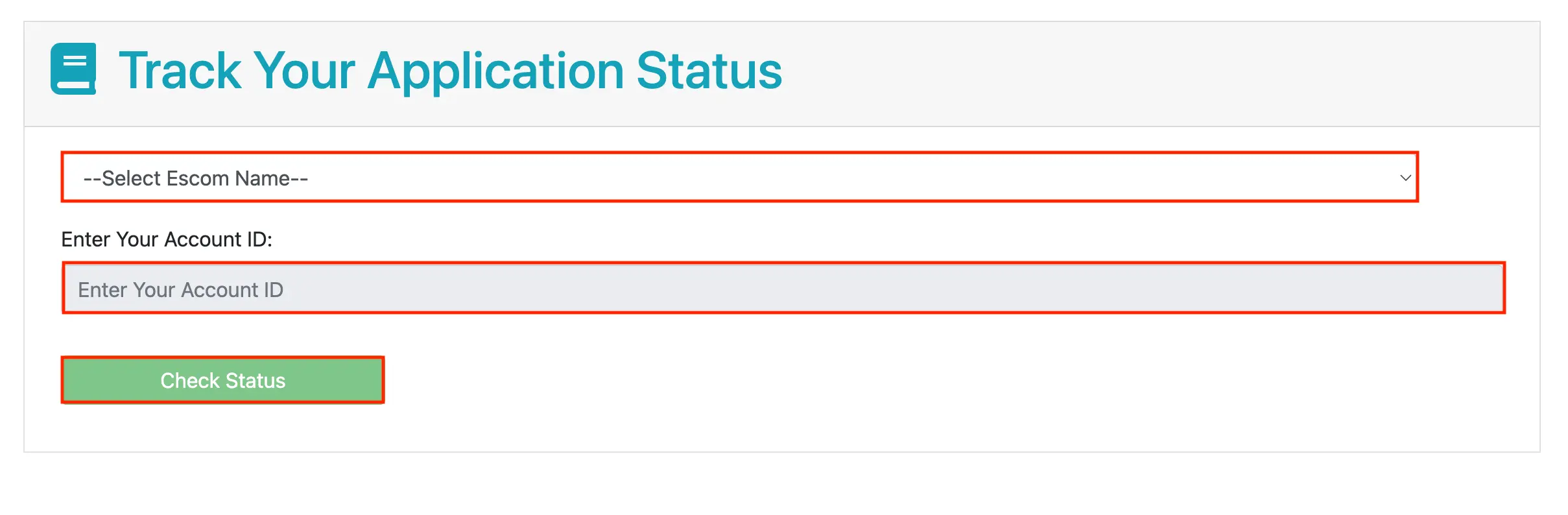 Form for entering Escom name and account ID to check status