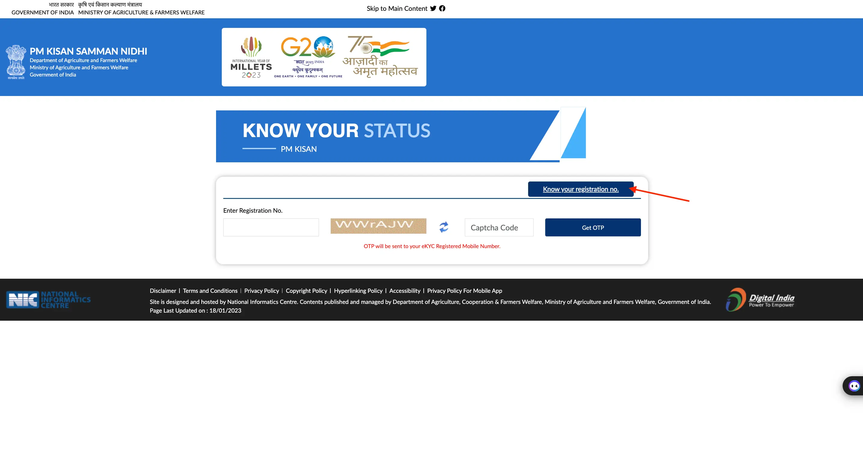 Input registration number, mobile number, captcha, and OTP for registration to check PM Kisan Beneficiary Status List