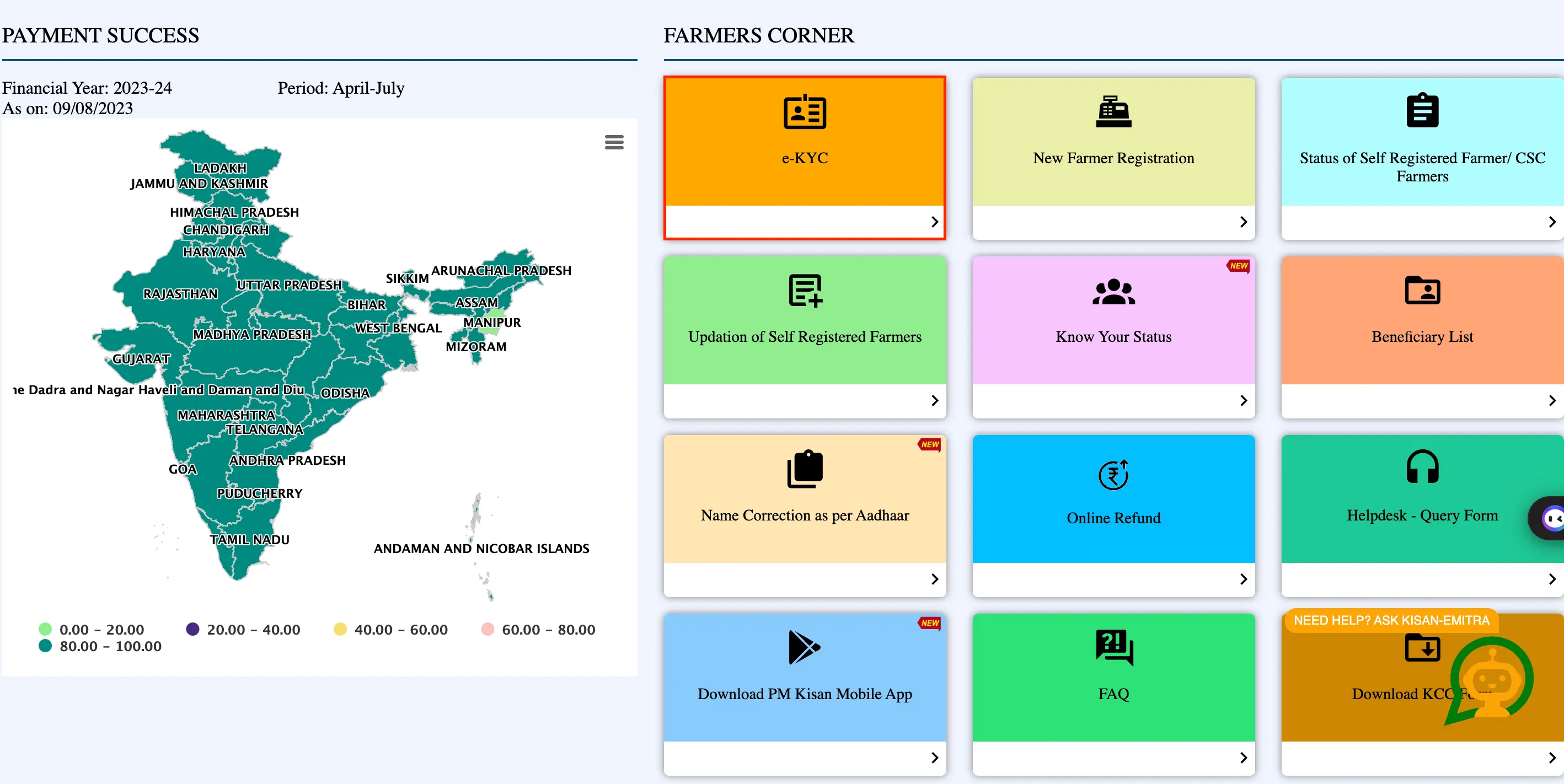 Page showing e-KYC Option in Farmer’s Corner and click