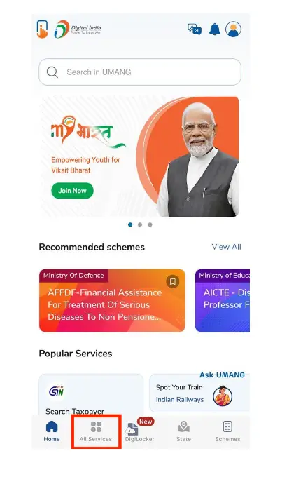 Aadhaar Download on UMANG App, Click on All Services