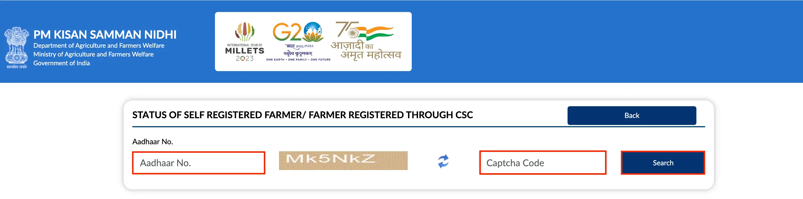 Check Self Registered Farmers Status with Aadhaar