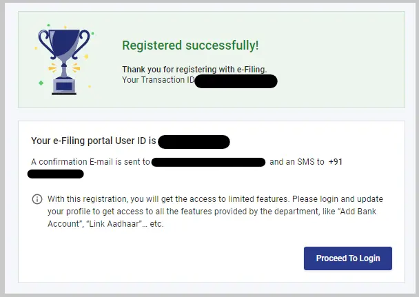 e-Filing registration confirmation and login credentials