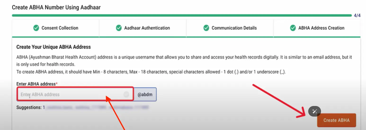 Enter ABHA Address to create ABHA ID
